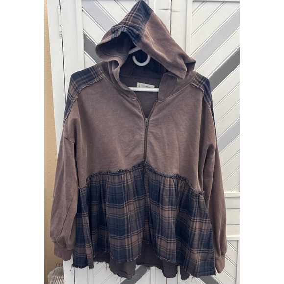 Lucky Brand Women's XS Brown Blue Distressed Plaid Full Zip Lightweight Jacket - Picture 5 of 15